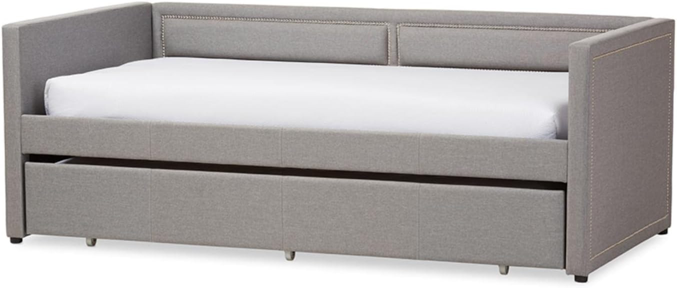 Baxton Studio Raymond Modern and Contemporary Grey Fabric Nail Heads Trimmed Sofa Twin Daybed with Roll-Out Trundle Guest Bed