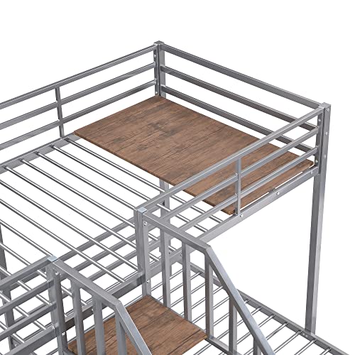 Versatility Full-Over-Twin-Twin Bunk Bed with Wardrobe and Mirror, Solid Wood Triple Bunk Bed Frame with Safety Guardrail and Built-in Shelves, 3 Beds in 1 for Kids Teens Adults (Grey-Mi)