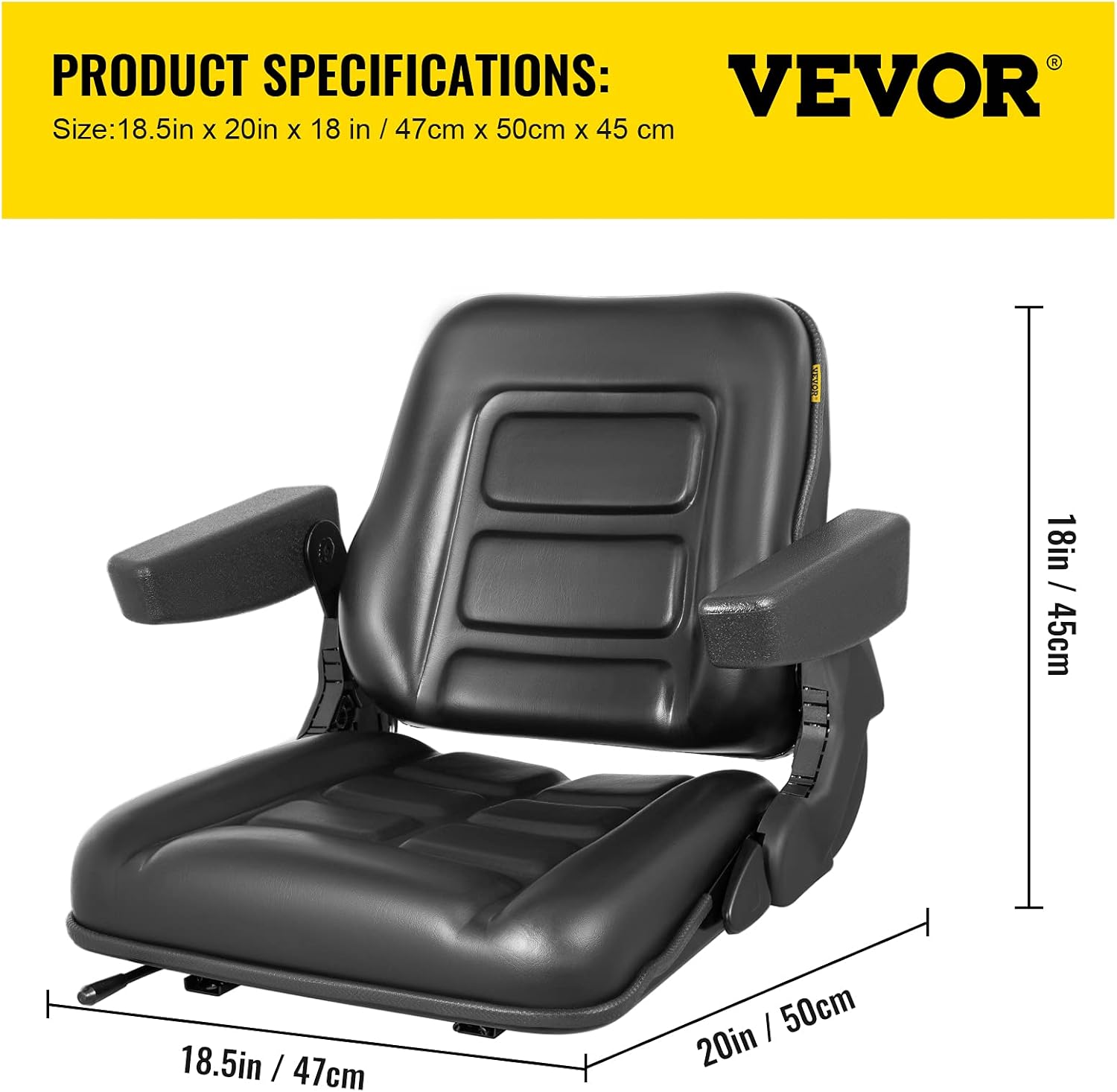 VEVOR Universal Forklift Seat with Safety Switch,Black PVC Tractor Seat 18.5" x 20" x 18", 6" Adjustable Mower Seat, Foldable Seat Including Armrests, Skid Steer Seat Fit Forklift,Tractor,Skid Loader