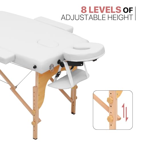 MoNiBloom Massage Table 3 Fold Portable Massage Table 82" Massage Bed Height Adjustable SPA Bed w/Carry Case Beechwood Frame Foldable Massage Table, White