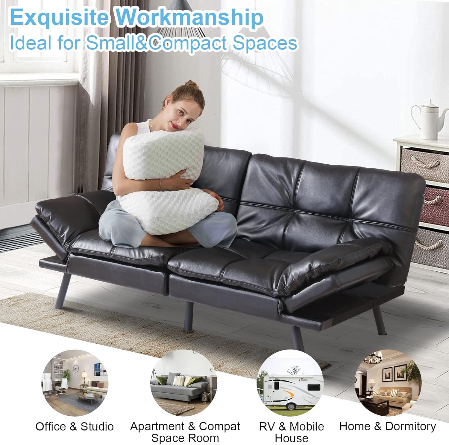 MUUEGM Futon Sofa Bed Faux Leather Futon Convertible Sofa Futon Couch Bed,Memory Foam Futon Sleeper Sofa Bed,Modern Loveseat Sofa,Adjustable Armrest&Backrest Futon Sets for Living Room,Offices,Black