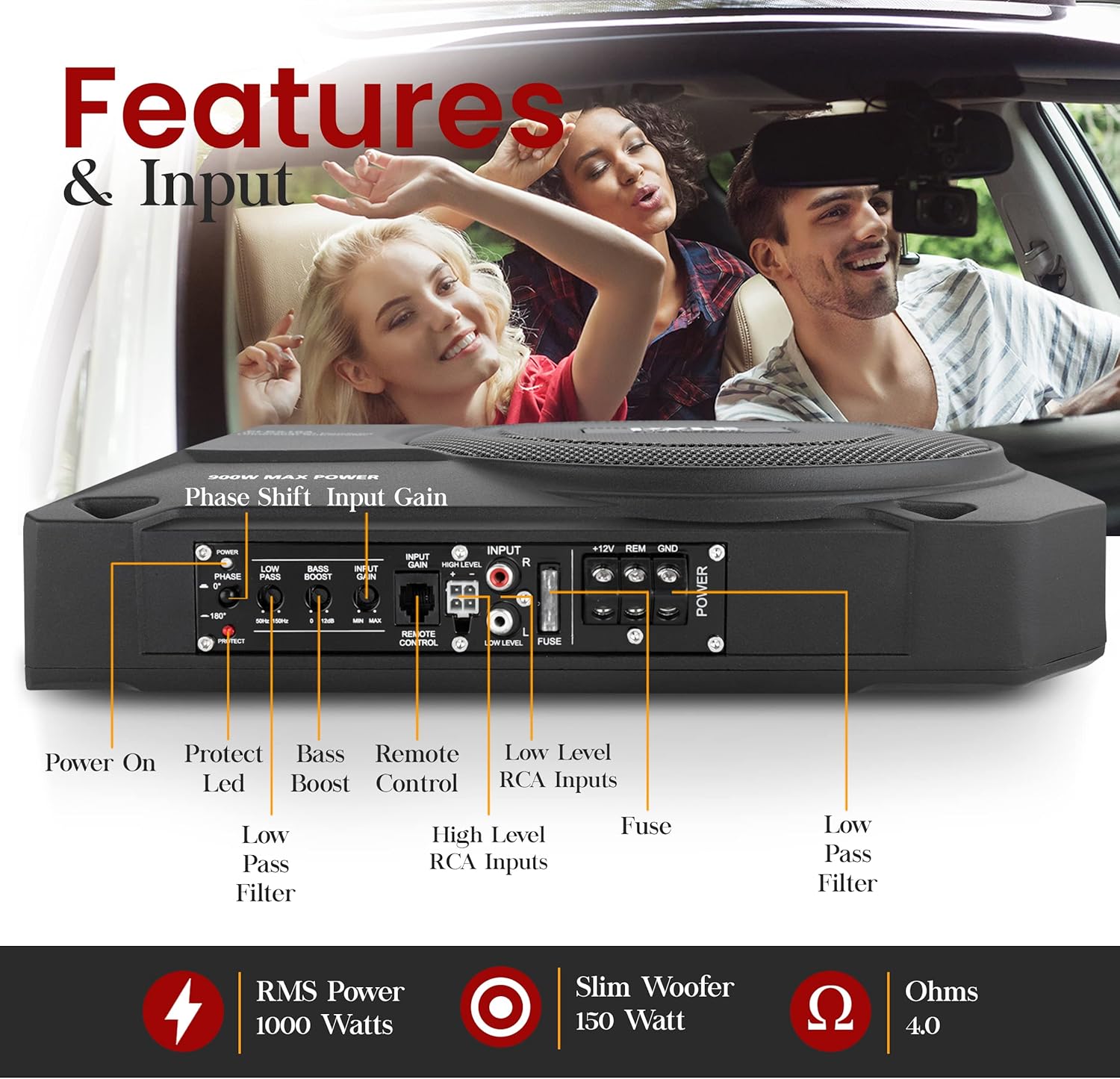 Pyle 10-Inch Low-Profile Amplified Subwoofer System - 900 Watt Compact Enclosed Active Underseat Car Audio Subwoofer with Built-in Amp, Powered Car Subwoofer w/Low & High-Level Inputs - PLBX10A