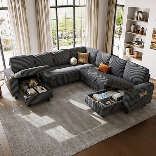 LINSY HOME Sectional Sleeper Sofa with Pull Out Couch Bed Convertible Plush Corduroy Cloud Couch with Storage Chaise & USB Charging, Comfy L Shaped Modular Couches for Living Room Apartment (Grey)
