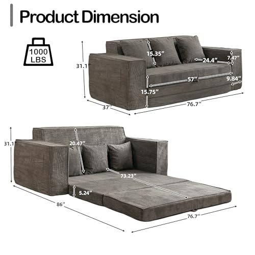 HOMREST 76" Convertible Memory Foam 3-seat Sofa, Pull Out Sleeper Sofa Bed, 2 in 1 Folding Couch Bed, Fold Out Floor Couch Corduroy Fabric with 3 Pillows for Living Room Bedroom Lounge (Grey)