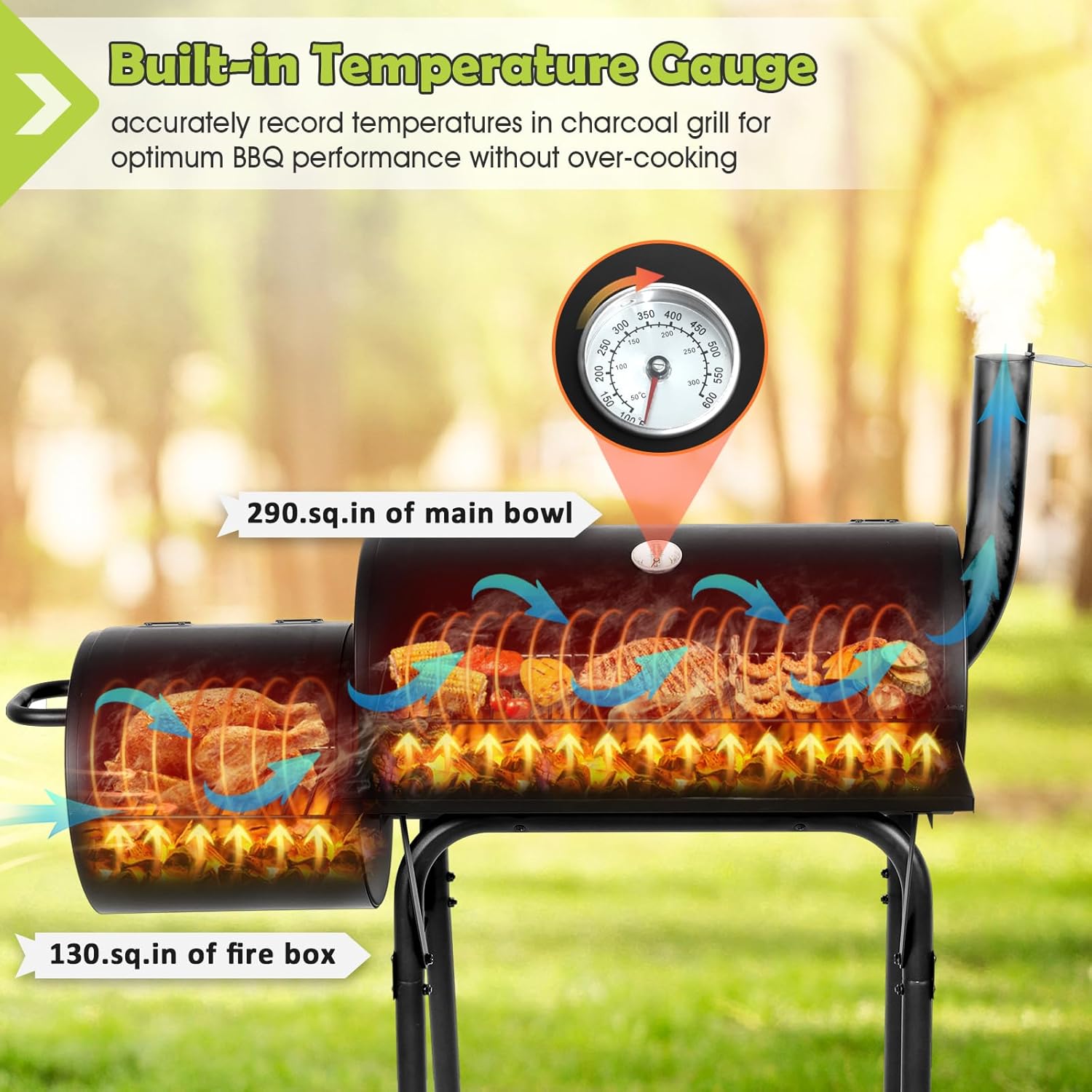 HaSteeL Charcoal Grill with Offset Smoker, Outdoor Barrel BBQ Grill, Camping Barbecue Grill for Patio Backyard Garden Party Picnic, Large 420.SQ.IN Cooking Area, 2 Screwdrivers & 6 Hooks - Black
