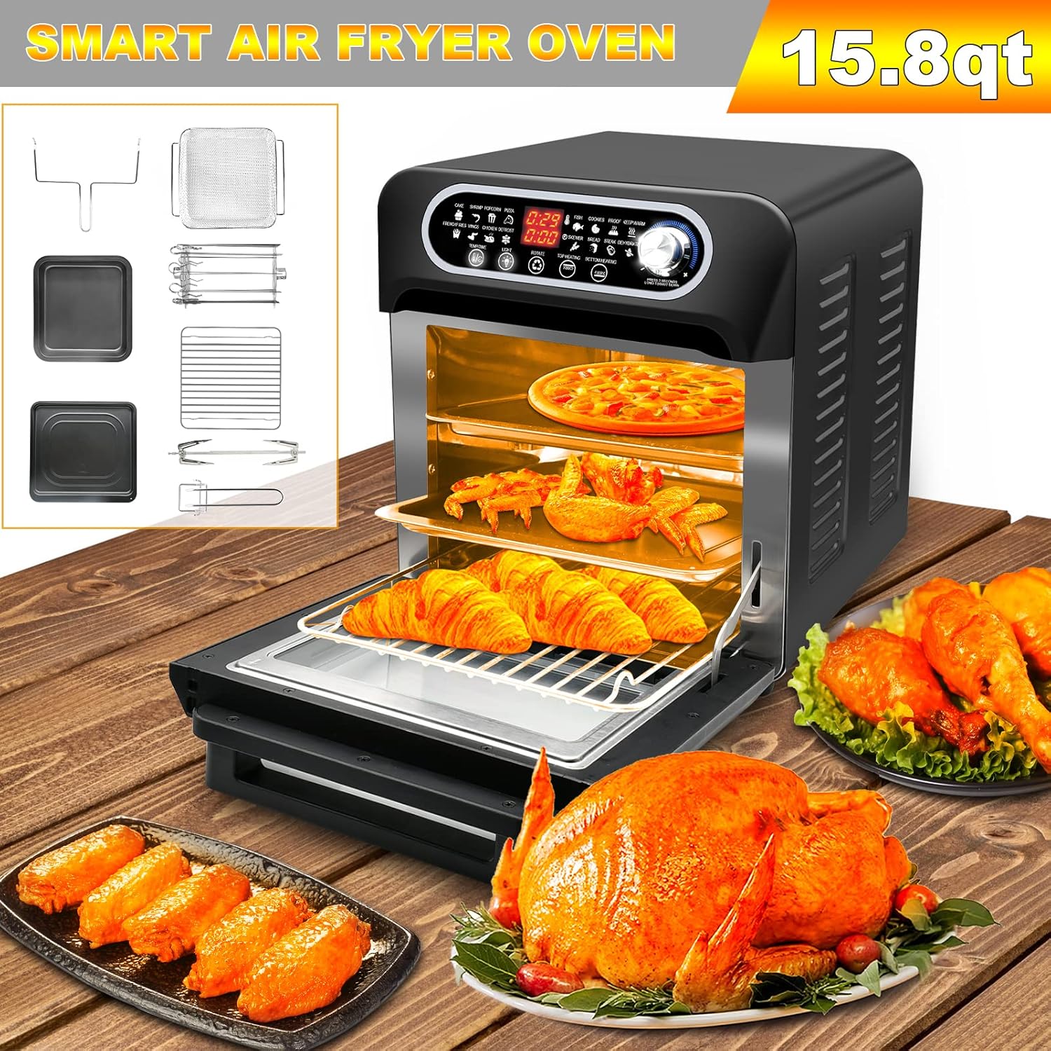 Air Fryer Oven, 15.8qt 3-layer Large Air fryer Toaster Oven Combo for Fries, Chicken, Pizza, Cake, Popcorn, Steak, Rotisseries, 16-in-1 Convection Oven Countertop with 6 Accessories,1500W, Stainless Steel Finish