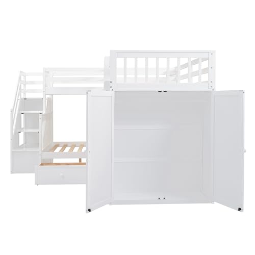 Harper & Bright Designs L-Shape Triple Bunk Beds with Stairs, Desk,Wardrobe, Wood Twin-Over-Full Bunk Bed with Storage, Shelves and Drawers, 3 Beds Bunk Bed with Staircase for Kids Teens, Espresso