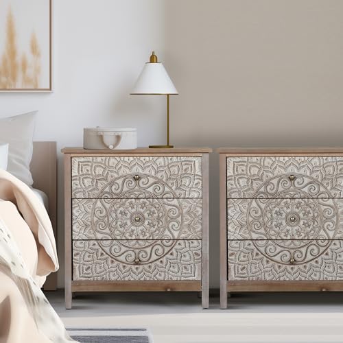 MAISON ARTS 3 Drawer Dresser Set of 2, Modern Household 3 Chest of Drawers Farmhouse Accent Storage Cabinet with 3 Drawers Nightstand Bedside Table for Bedroom Living Room Entryway, Easy to Assemble
