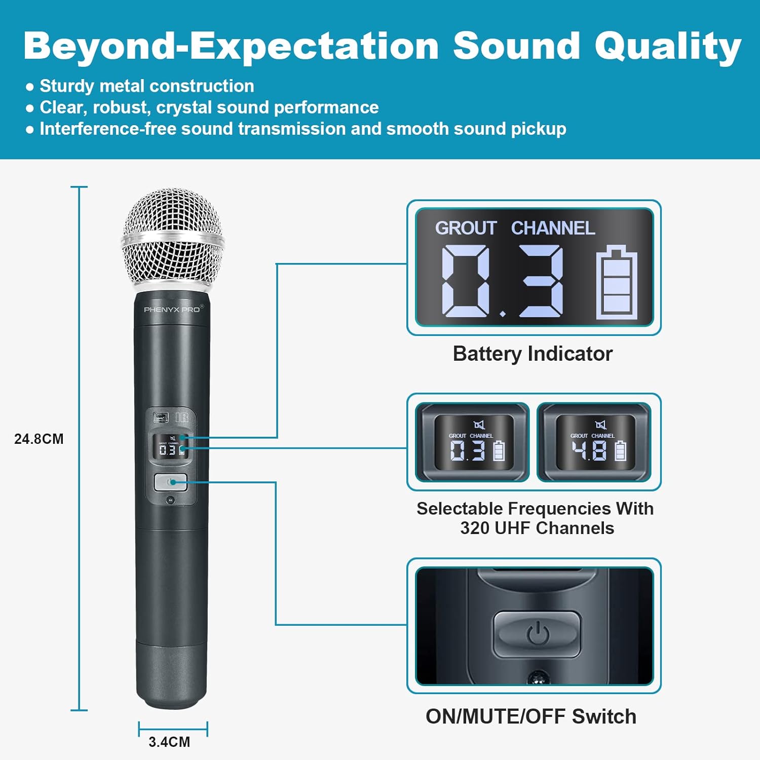 Wireless Microphone System, Phenyx Pro Eight-Channel Cordless Mic Set with Metal Handheld Mics, 8x40 Channels, Auto Scan, Long Distance 328ft, Ideal for DJ, Church, Outdoor Events (PTU-6000A)
