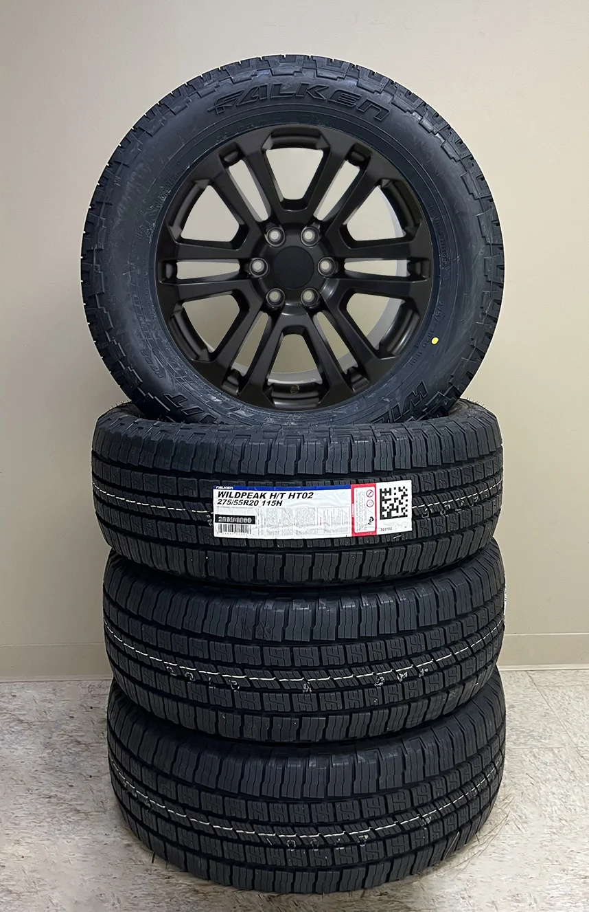 20" Satin Black Split Spoke Wheels with 275/55R20 All Season Tires SET of 4 fits Chevy Silverado, Tahoe, Suburban, GMC Sierra, Yukon, Denali 1500, Includes Lug Nuts and TPMS