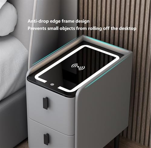 Narrow Side Table with 2 Drawers, End Table with Charging Station, Skinny Nightstand with LED Light, Slim Bedside Table for Bedroom, Living Room, Small Spaces(White,35 * 40 * 45cm)
