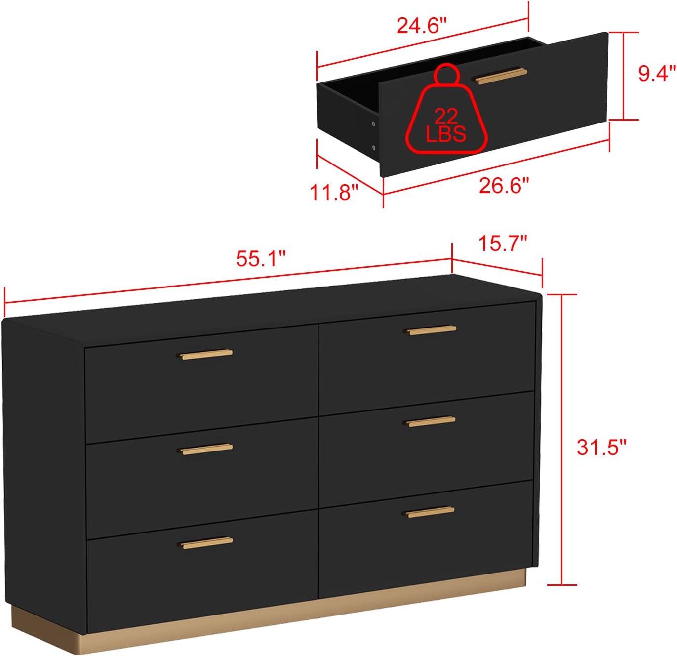 MOUMON High Gloss 6 Drawer Dresser, Modern Contemporary Chest of Drawers with Glossy Finish, Double Dresser with 6 Drawers, Champagne Gold Handles, 15.7”D x 55.1”W x 31.5”H, Black