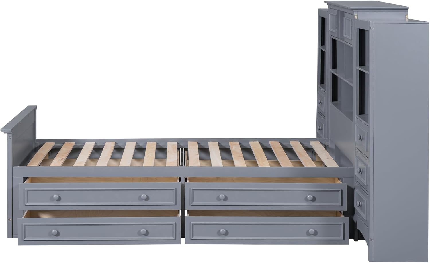 Twin Size Wood Platform Bed Frame with Bookcase Headboard and 4 Drawers on Each Side, Multi-Functional Beds with 12 Storage Shelves and 6 Drawers, for Bedroom Furniture, Space Saving, Gray