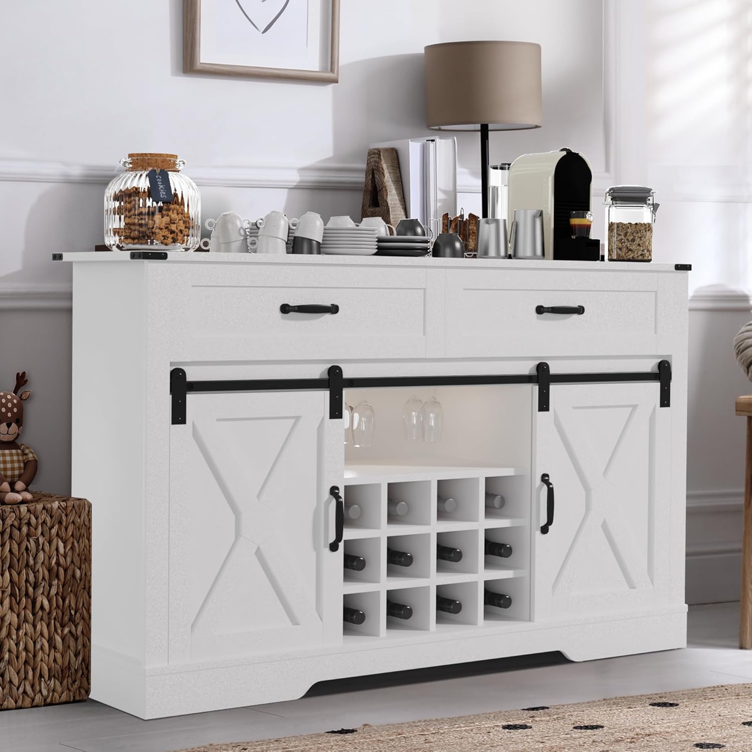 Farmhouse Storage Sideboard Buffet Coffee Bar Cabinet with Sliding Barn Door, 3 Drawers, Wine and Glass Rack - White & Oak