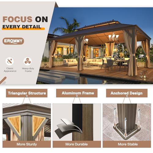 EROMMY 14'x20' Hardtop Gazebo Double Roof Galvanized Steel Canopy Outdoor Aluminum Frame Permanent Metal Pavilion with Netting and Curtains for Patio Backyard Deck and Lawns
