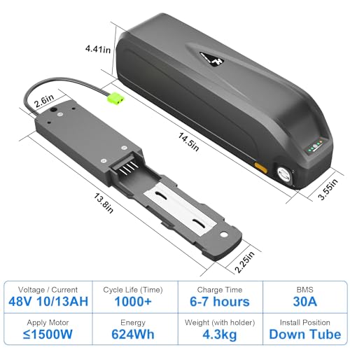 48V 10Ah/13Ah Ebike Battery, Lithium Ion Battery Pack for 0-1500W Motor, USB Output Electric Bike Battery with Charger&Base, E-bike Battery Replacement