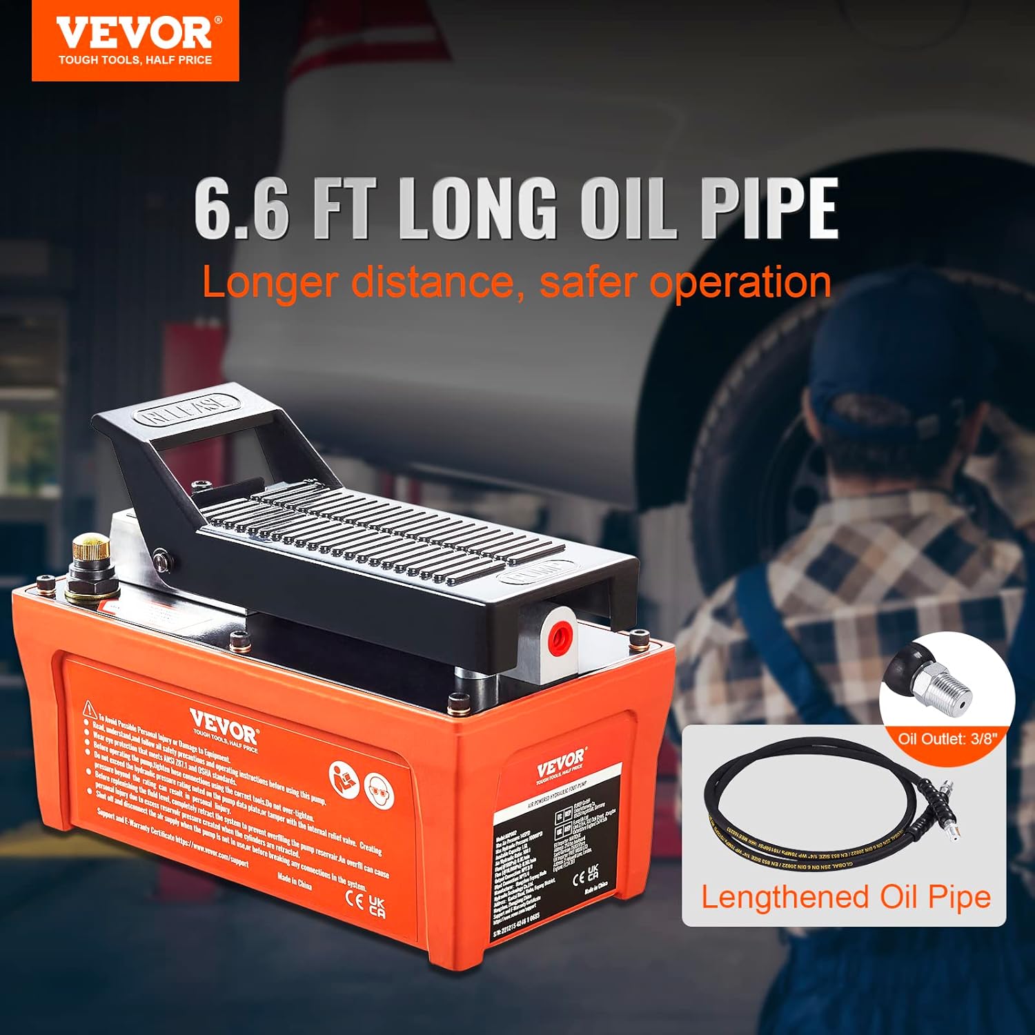 VEVOR Air Hydraulic Pump, 10,000 PSI 1/2 Gal Reservoir, NPT 3/8" Oil Outlet, NPT 1/4" Inlet, 6.6 ft Pipe, Foot Actuated Hydraulic Pump Air Treadle for Auto Body Frame Machines and Pulling Post, Orange