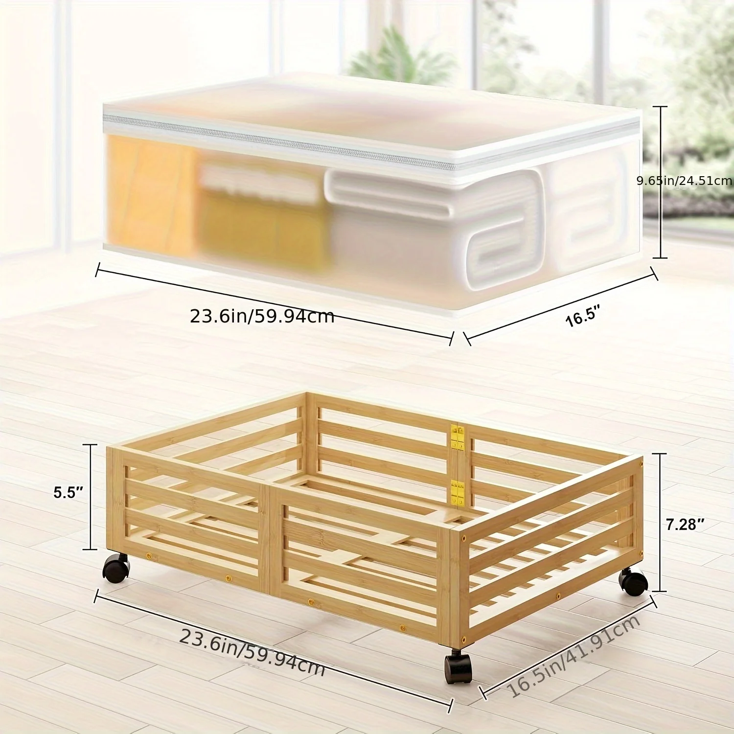 2-Pack Bamboo Under-Bed Storage Bins with Wheels, Large Capacity Rolling Organizers for Clothes &amp; Shoes, Natural Finish Space-Saving Design, No Assembly Required