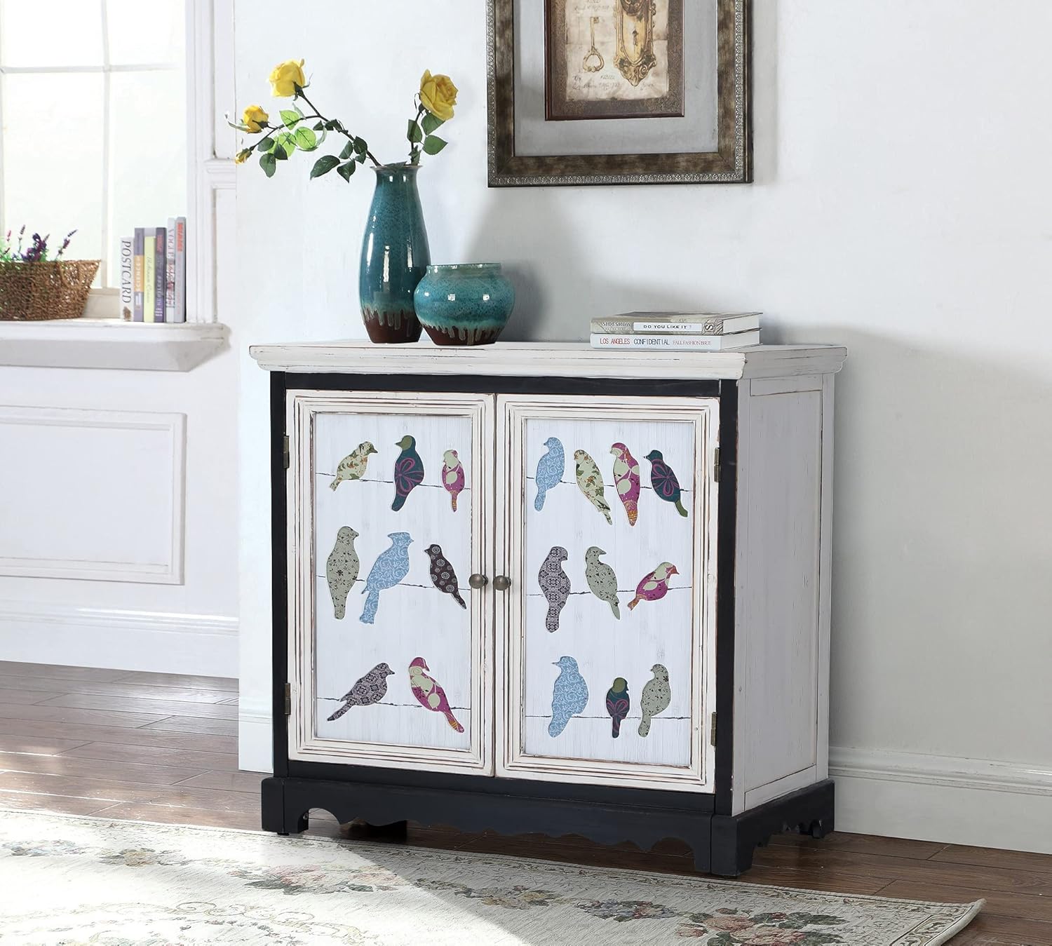 MAISON ARTS White Accent Storage Cabinet with 2 Doors for Living Room Bedroom Buffet & Sideboard Decorative Distressed Cabinet Farmhouse Kitchen China Cabinet with Carved Pattern Doors, Carved Floral