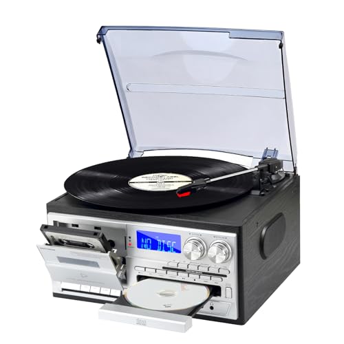 9 in 1 Record Player with External Speakers,3 Speed Bluetooth Turntable Vinyl Player with CD/Cassette Play,AM/FM Radio, USB SD/MMC Play, Aux-in/RCA Line Out