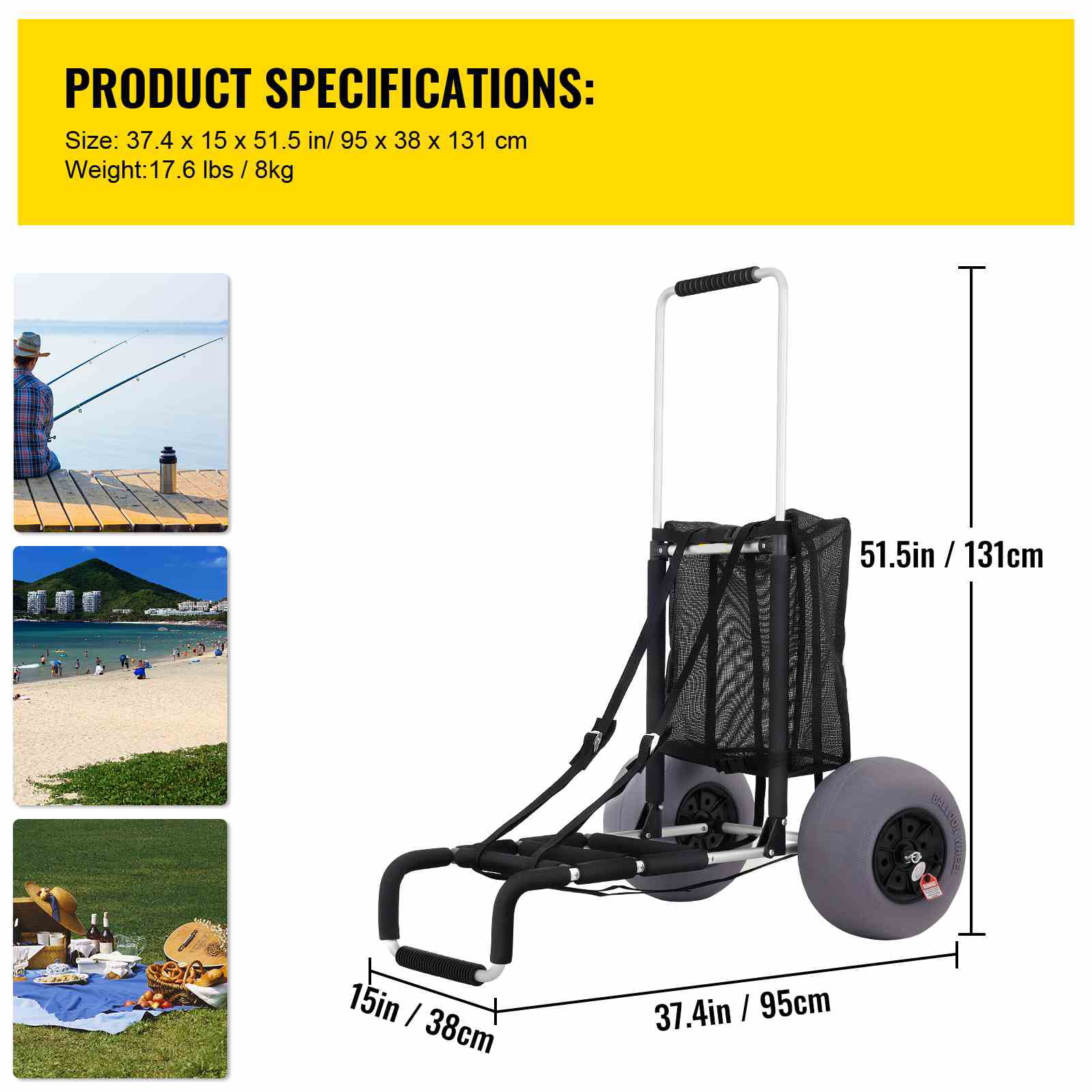 BENTISM Beach Carts for The Sand 165LBS Capacity Adjustable Handle Beach Wagon TPU 23" x 15" Deck with 13" Balloon Wheels for Beach Trips Camping Fishing