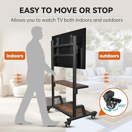 AENTGIU Rolling TV Stand Mobile TV Cart for 32"-75" All Brand TVs, Lockable Portable TV Stand on Wheels with Metal TV Mount & 2 Tier Wood Shelf for Living Room,Bedroom,Office(All Hardware Included)