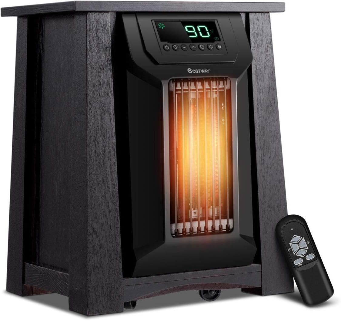 COSTWAY Infrared Space Heater 1500W, Portable Radiator Heater with Remote, 12H Time & Adjustable Thermostat, Small Electric Heater for Indoor Use Home Office Bedroom, Brown + Black