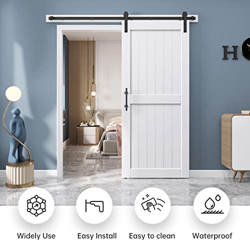 EaseLife 54 x 84 inch White Barn Door with 9FT Sliding Door Hardware Kit Included & Handle,Solid Wood Covered with Waterproof PVC Surface,DIY Assemblely,Easy Install,H-Frame,Fit 50-52in Wide Opening