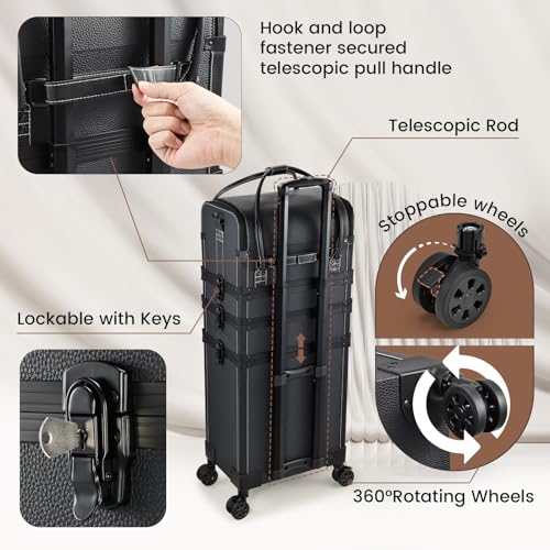 Costravio Rolling Makeup Case 5 IN 1 Cosmetology Case on Wheels Makeup Organizer Travel Case with Shoulder Strap for Makeup Artists Nail Tech School Salon Barber Makeup Trolley Cart Black Leather