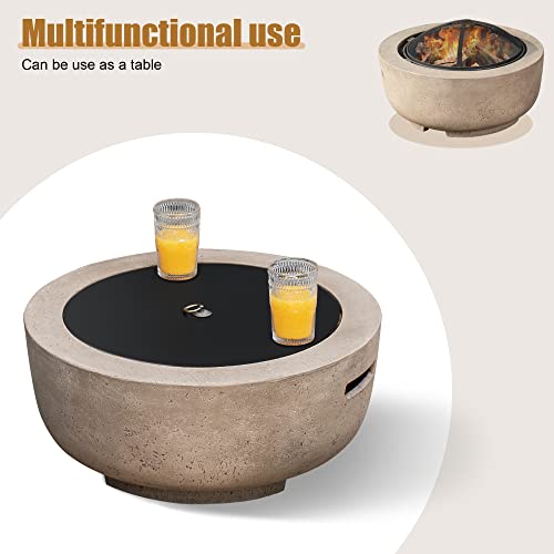 24" Small Round Outdoor FirePit,Concrete Wood Burning Fire Pits Bowl,Faux Stone Clay Firepits Table for Outside Patio,Brown