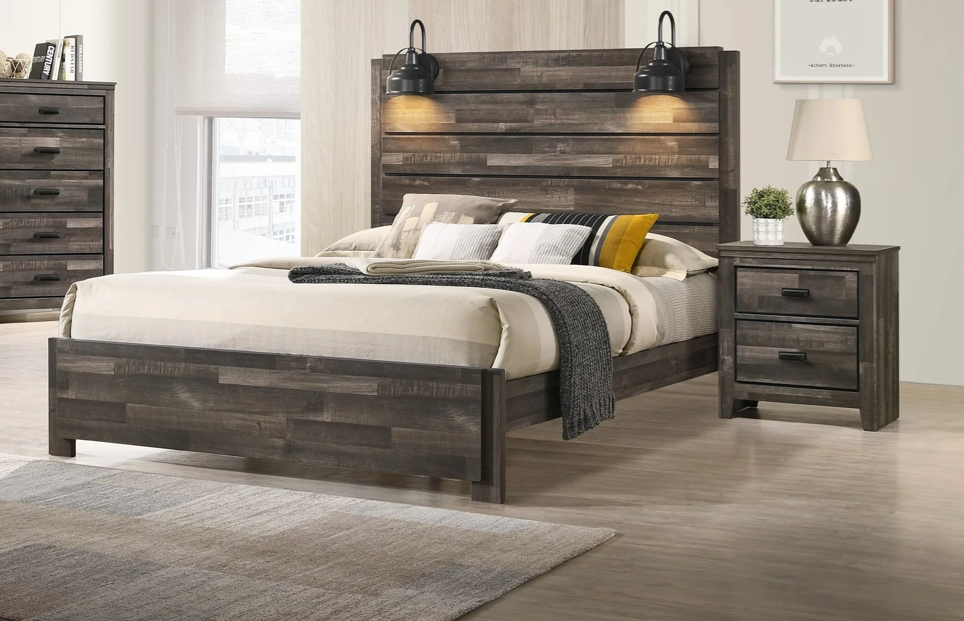 Contemporary Rustic Brown Finish King Size 3Pc Panel Built in Lighting Headboard Bed and Nightstand Set Wooden Bedroom Furniture