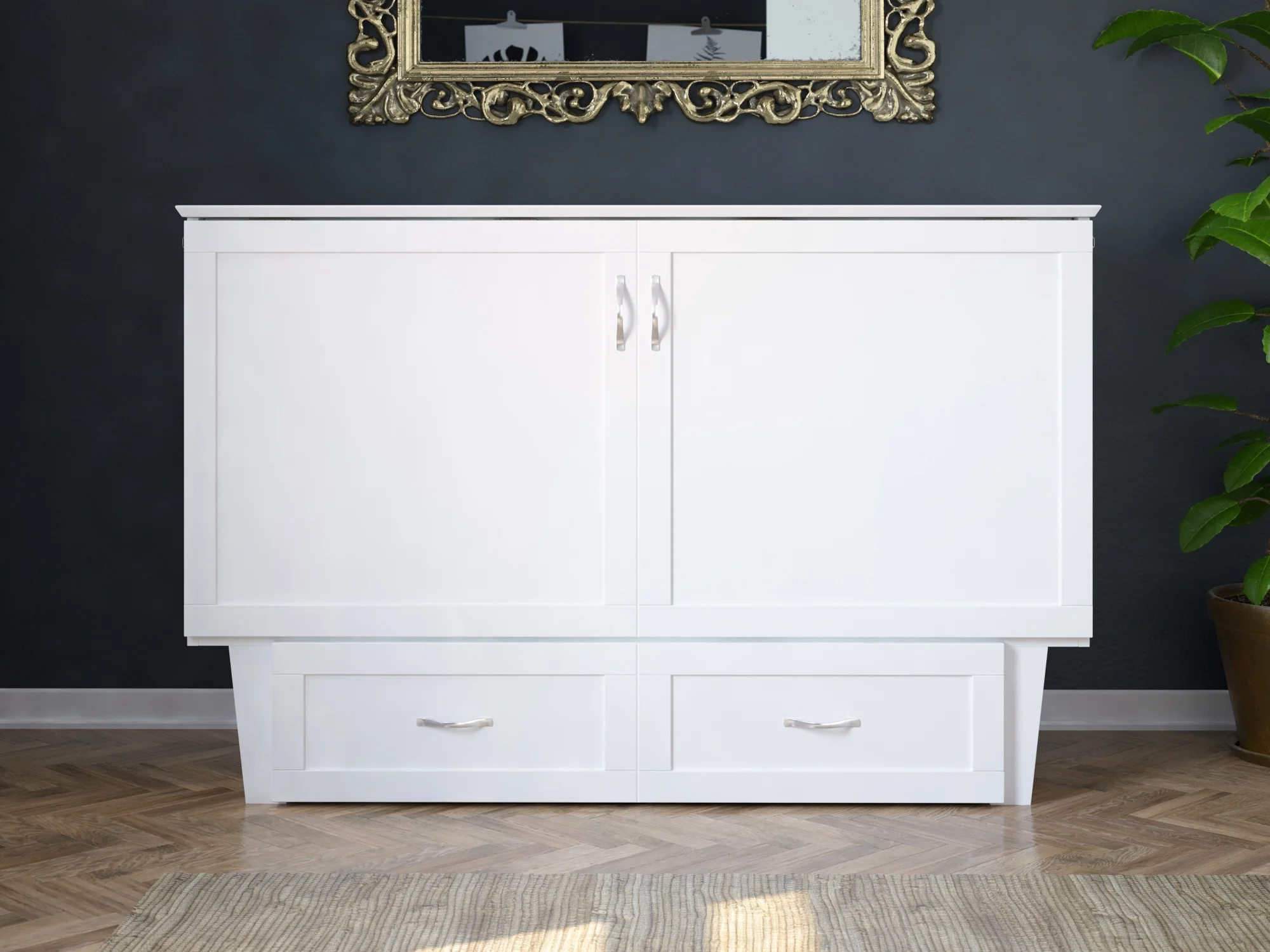 AFI Monroe Queen Solid Wood Murphy Bed Chest with Mattress, Drawer and Charger in White