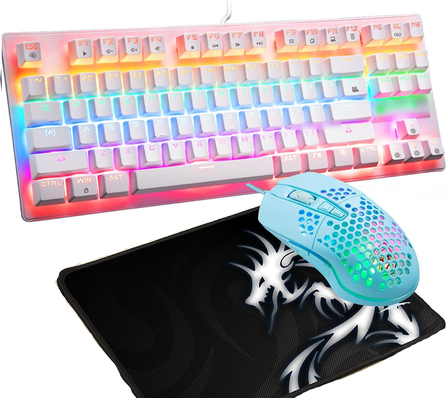 Mechanical Keyboard ,Wired Rainbow LED Backlit 87 Key Waterproof Gaming Keyboard + Gaming Mouse 6400 DPI RGB Mouse and Mousr pad for PC PS4(Black) Pack of 2