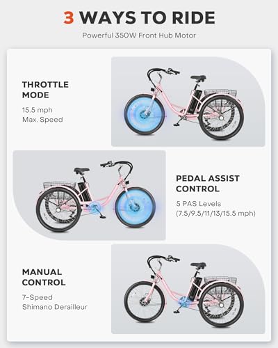 Viribus Electric Tricycle for Adults, 24 & 26 inch Electric Trike 350W(Peak 700W) with 468Wh Removable Battery, 3 Wheel Electric Bikes for Seniors, Motorized Adult Tricycle 7 Speed 330 lb. E Trike