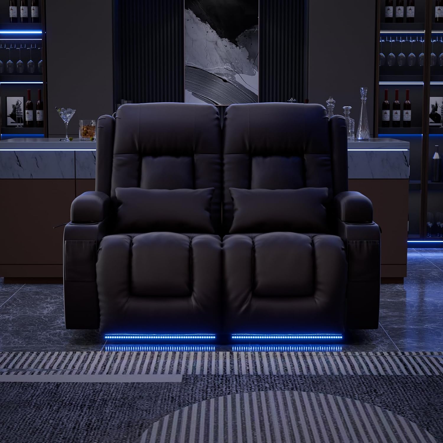 Home Theater Seating, Faux Leather Power Recliner Chair with Massage& Heat, RV Loveseat Sofa Theater Seats with LED Lights/Lumbar Pillow/Cup Holders/Side Pockets (Brown)