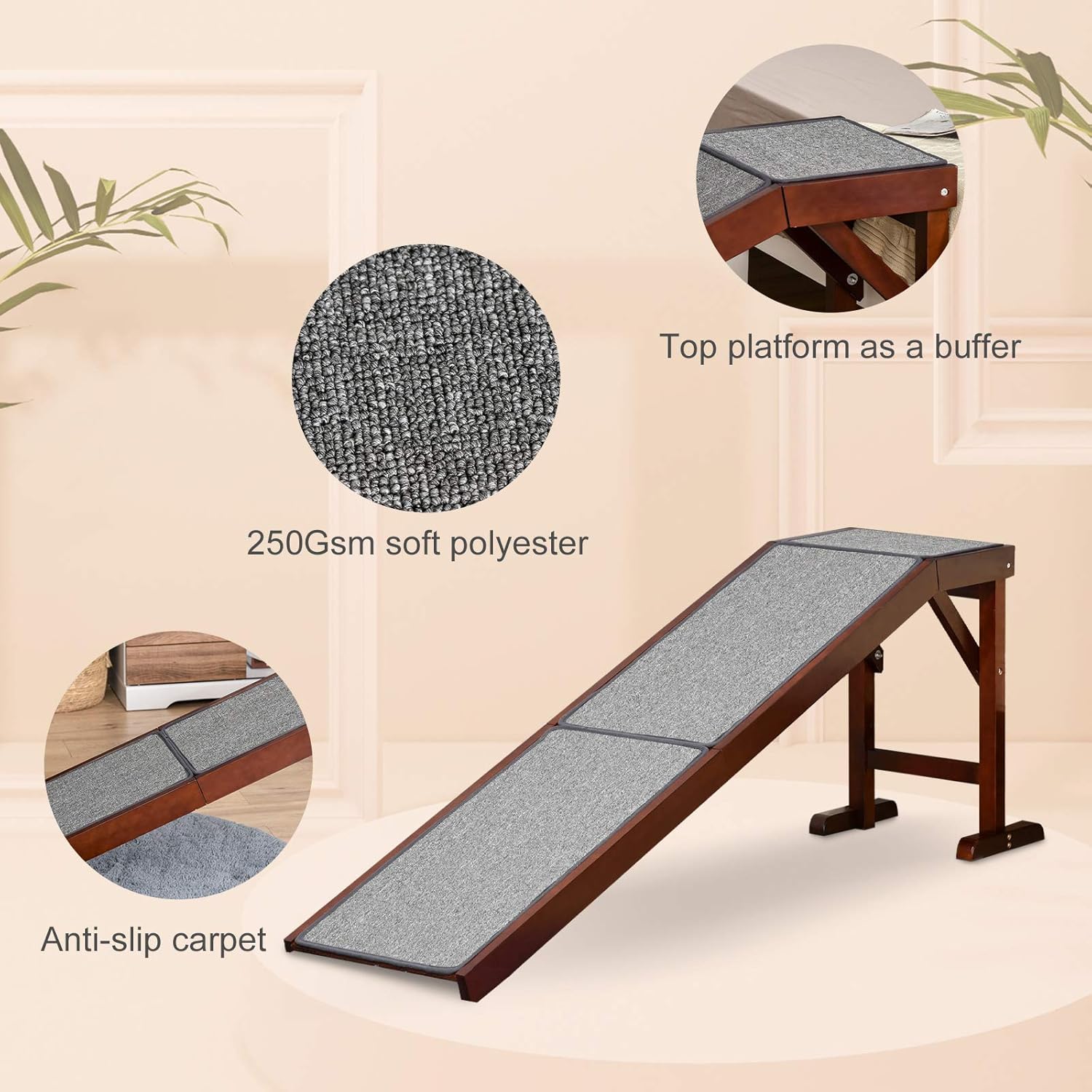 PawHut Pet Ramp for Dogs Non-Slip Carpet Top Platform Pine Wood 74 L x 16 W x 25 H, Brown Grey