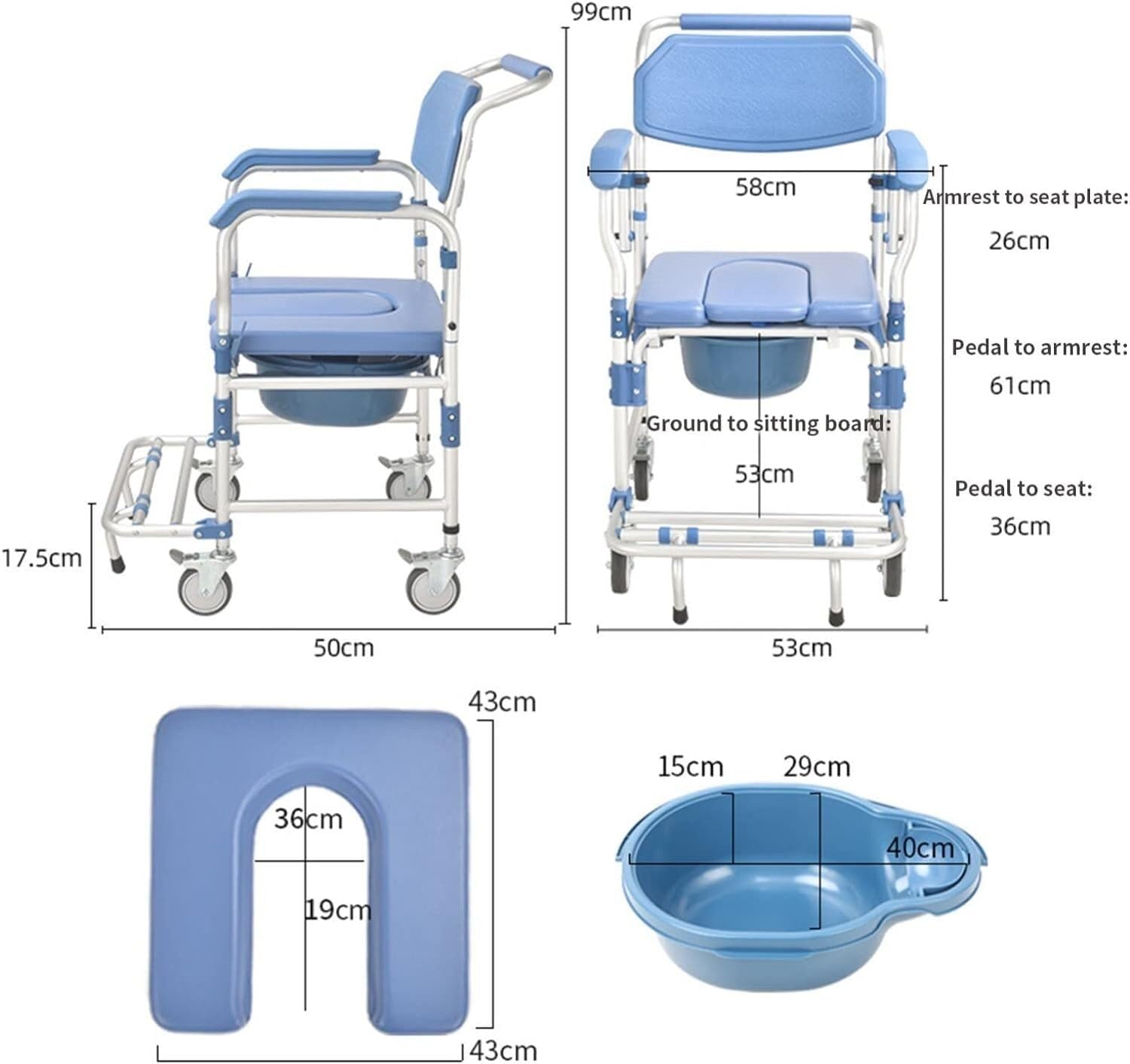 Commode Wheelchair - Portable Toilet Chair - Shower Chair with Wheels - with Padded Seat Movable Armrest Folding Pedal - Bedside Commodes for Easy Transfer of Seniors Disabled