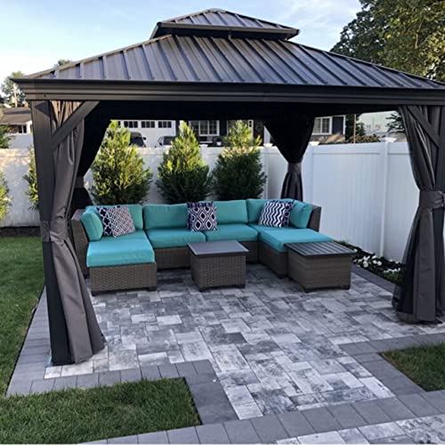 PURPLE LEAF 10' X 14' Permanent Hardtop Gazebo Aluminum Gazebo with Galvanized Steel Double Roof for Patio Lawn and Garden, Curtains and Netting Included, Grey