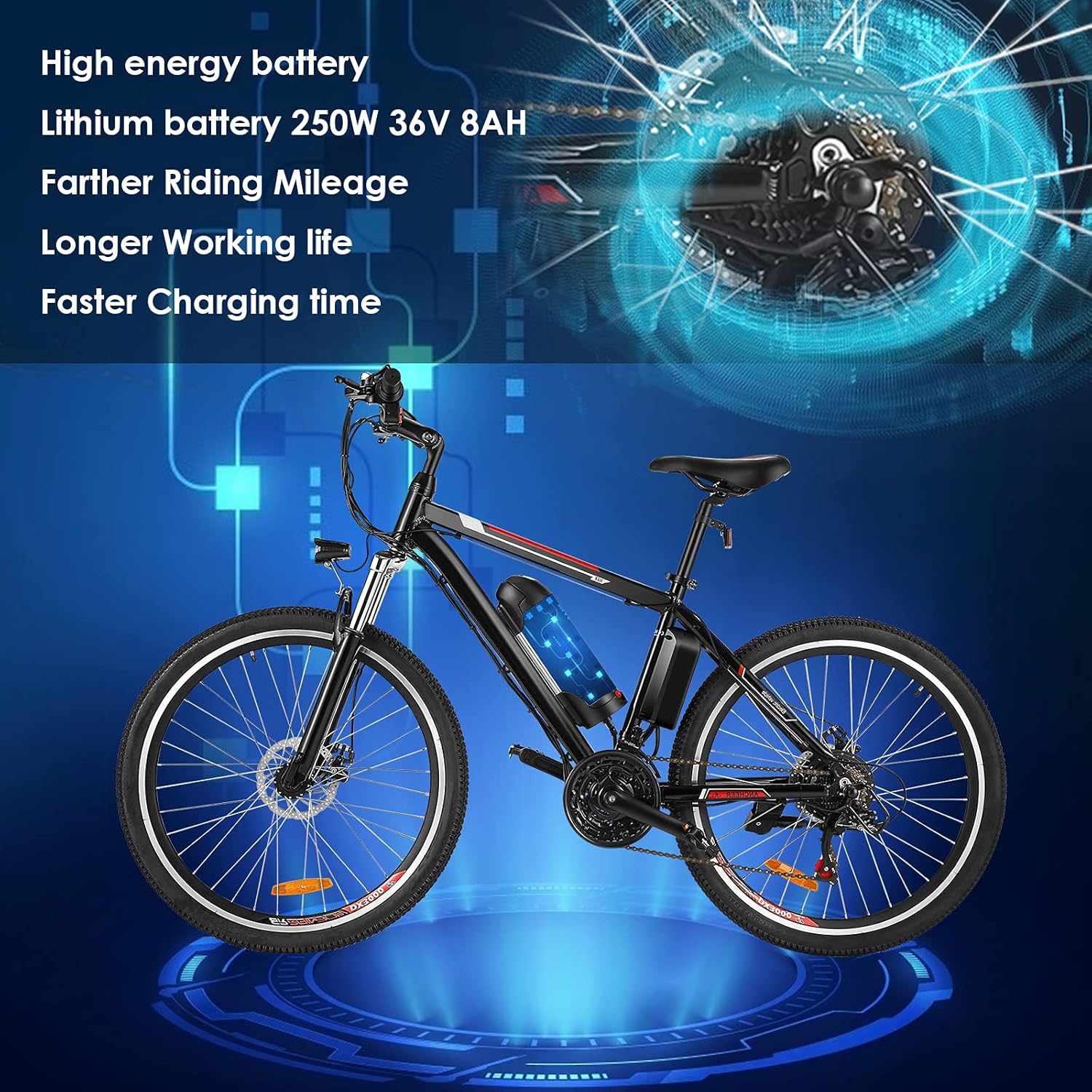 Kemanner 26 inch Electric Mountain Bike 21 Speed 36V 8A Lithium Battery Electric Bicycle for Adult (Black/Red)