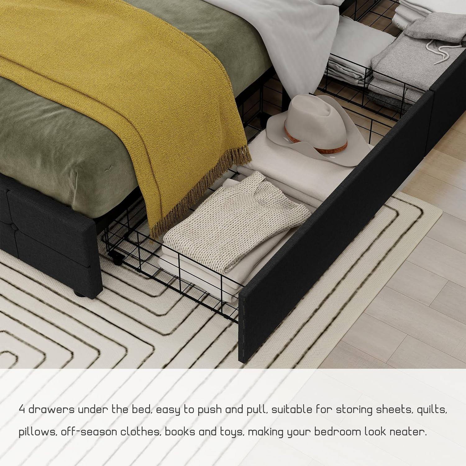 NNV Linen Upholstered Queen Size Platform Bed Frame with 4 Storage Drawers, Black