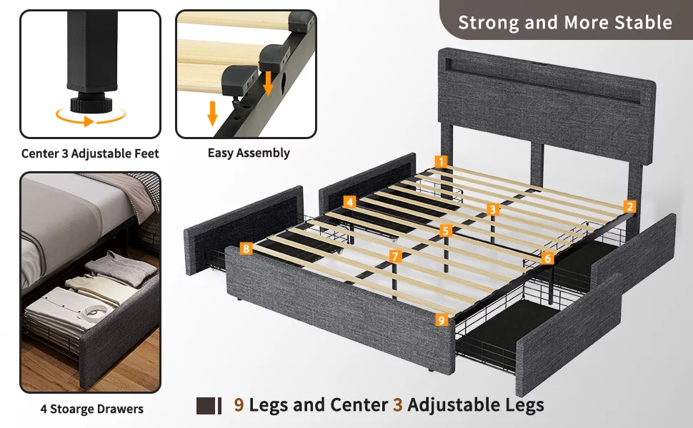 Queen Bed Frame with 4 Storage Drawers and 2 USB Charging Station, Upholstered Platform Bed Frame with LED Headboard,Dark Grey