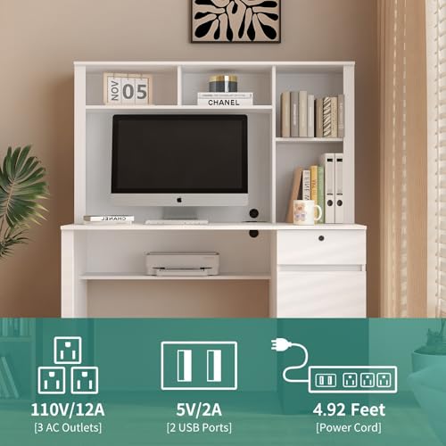 Computer Desk with Hutch & Bookshelf,Wood Executive Desk Teens Student Desk Writing Laptop Home Office Desk with Drawers,3 AC Outlets and 2 USB Charging Ports,Study Laptop Table for Home(White)
