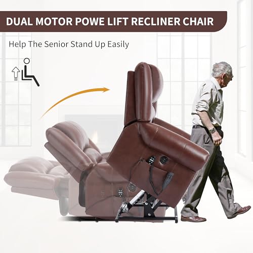 Dual Motor Power Lift Chair, Lay Flat Recliner Chair, Electric Recliner with Massage and Heat for Elderly, Remote Control, Infinite Position, Standing Assistance, USB Ports, Faux Leather, Brown