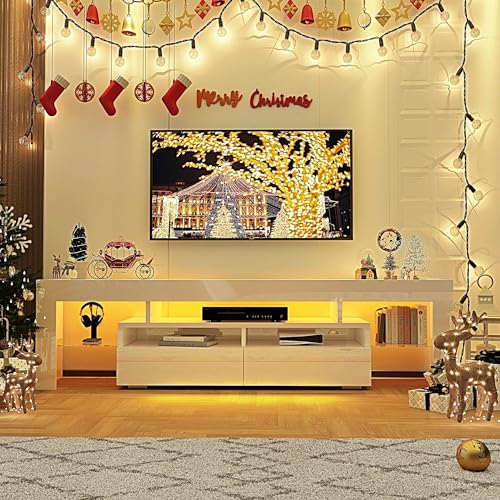 70in TV Stand for 75/80 inch TV,Modern LED TV Stand for Living Room,Black TV Stand,High Gloss TV Entertainment Center with Storage Drawer,APP RGB Light,TV Console(71in White)