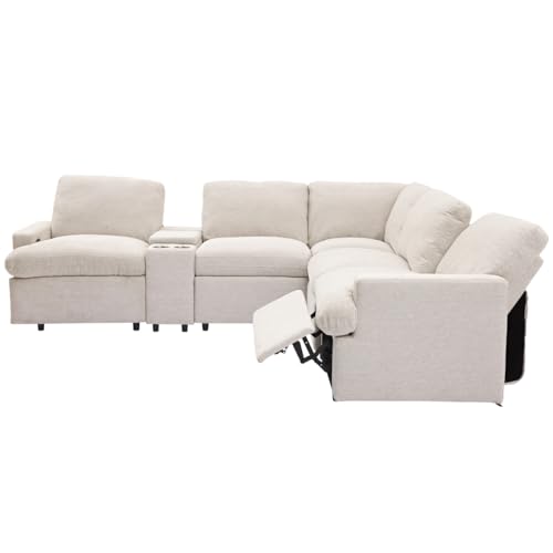 Large Sectional Sofa Couch L-Shaped Recliner Corner Sofa with 2 Power Recliners Storage Box Cup Holders USB Ports and Power Socket, Linen Upholstered Home Theater Reclining Sofa for Living Room, Beige