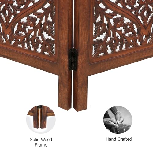 Room Divider Wood Screen - Ghanti Bells Antique Brown - 4 Panel Folding 72 x 80 - Assembled Hand Carved Decorative Functional Versatile Portable Partition Reversible Privacy Boho - COTTON CRAFT