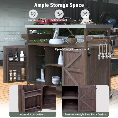 Outdoor Kitchen Island, Rolling Bar Cart & Storage Cabinet, Farmhouse Solid Wood Outdoor Grill Table with Stainless Steel Top, Spice Rack, Towel Rack for Kitchen & BBQ (Natural)