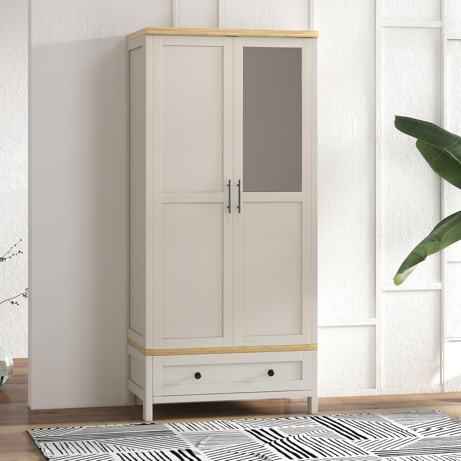 YIGOBUY Armoire Wardrobe Closet with Doors Bedroom Wooden Closet Cabinet with Drawers,Mirror, Shelves, Hanging, Tall Wood Standing Clothes Organizer for Hanging Clothes Armario de Almacenamiento