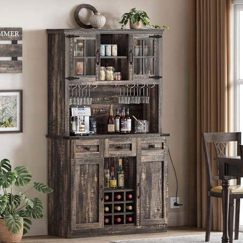 DWVO Coffee Bar Cabinet with Power Outlet/Lights, 72" Farmhouse Pantry Cabinet with Storage Shelves and 3 Drawers, Tall Liquor Cabinet Bar Cabinets for Home/Living Room, Dark Rustic Oak