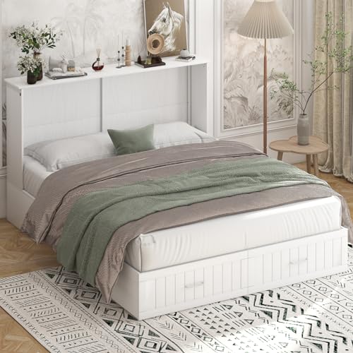 BALUS 64" W Murphy Bed Cabinet with Mattress,Murphy Bed Queen,Modern Muti-Functional Cube Cabinet Bed 2 Large Drawers&3 Level Folding Foam Mattress for Living Room/Apartment/Loft (Stone Grey)